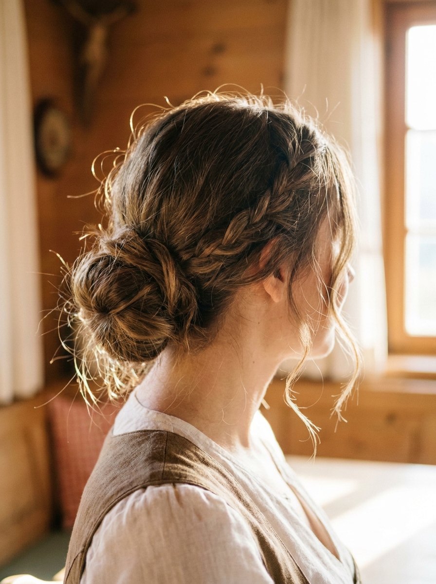 Messy Low Bun mit Flechtpartie als Dirndlfrisuren Inspiration 2026